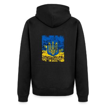 Ukraine T-Shirt mit Wappen und Flagge Retro - Unisex Premium Bio Zip Hoodie - Schwarz - Hinten - Nico (187cm)