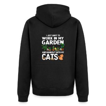 Arbeite in meinem Garten und hänge mit meinen Katzen zusammen - Unisex Premium Bio Zip Hoodie - Schwarz - Hinten - Nico (187cm)