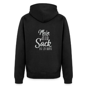 Mein alter Sack ist zu Hause weiß - Unisex Premium Bio Zip Hoodie - Schwarz - Hinten - Nico (187cm)