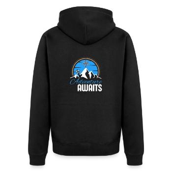 The mountain of adventures and camping - Unisex Premium Organic Zip Hoodie - black - Back - Nico (187cm)