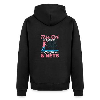 This Girl Runs on Traps & Nets Scientist Marine B - Unisex Premium Bio Zip Hoodie - Schwarz - Hinten - Nico (187cm)