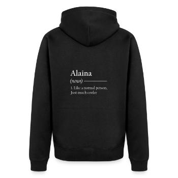 ALAINA 1. Like a normal person, just much cooler. - Unisex Premium Bio Zip Hoodie - Schwarz - Hinten - Nico (187cm)