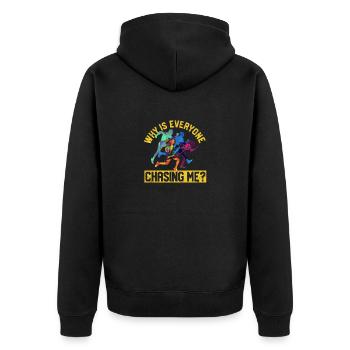Lustiger Langstreckenläufer Warum sind alle hinter - Unisex Premium Bio Zip Hoodie - Schwarz - Hinten - Nico (187cm)