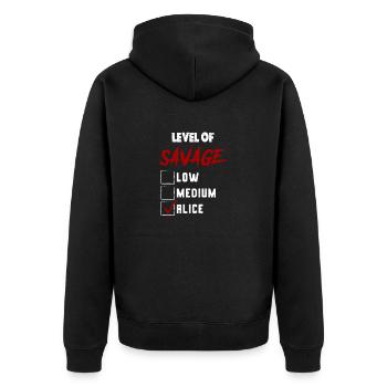 Level of Savage: ALICE Checkmark Novelty Custom Na - Unisex Premium Bio Zip Hoodie - Schwarz - Hinten - Nico (187cm)