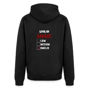 Level of Savage: AMELIA Checkmark Novelty Custom N - Unisex Premium Bio Zip Hoodie - Schwarz - Hinten - Nico (187cm)