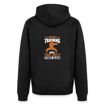 Karate-Trainer-Fan trainiert weiter - Unisex Premium Bio Zip Hoodie - Schwarz - Hinten - Nico (187cm)