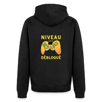 Niveau débloqué jeux vidéo gaming anniversaire - Veste à capuche bio Premium Unisexe - noir - Dos - Nico (187cm)