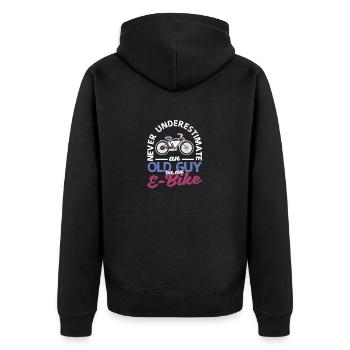 Elektrofahrrad Unterschätzen Sie niemals einen - Unisex Premium Bio Zip Hoodie - Schwarz - Hinten - Nico (187cm)
