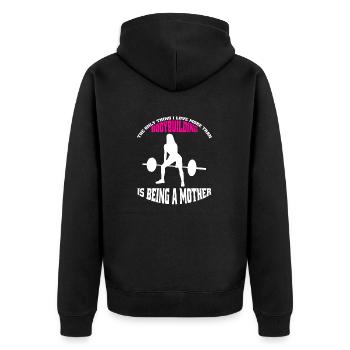 Fitness Mama Bodybuilderin Mutter Muskel Training - Unisex Premium Bio Zip Hoodie - Schwarz - Hinten - Nico (187cm)