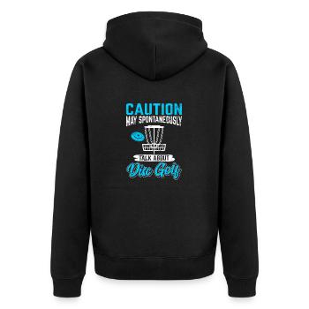 Caution May Spontaneously Talk About Disc Golf Fun - Unisex Premium Bio Zip Hoodie - Schwarz - Hinten - Nico (187cm)