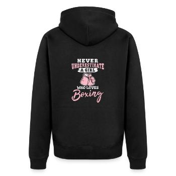 Never Underestimate A Girl Who Loves Boxing Woman - Unisex Premium Organic Zip Hoodie - black - Back - Nico (187cm)
