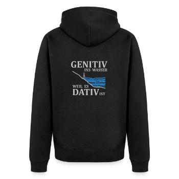 Genitiv ins Wasser weil es Dativ ist - Spruch - Unisex Premium Bio Zip Hoodie - Schwarz - Hinten - Nico (187cm)