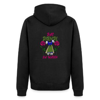 Mei dirndl is in da wasch - Unisex Premium Bio Zip Hoodie - Schwarz - Hinten - Nico (187cm)