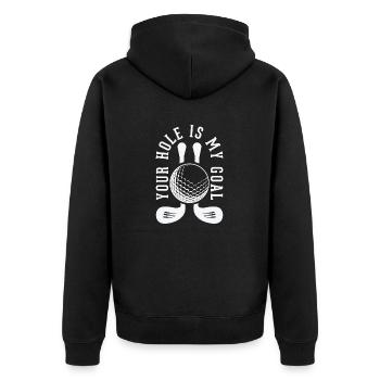 your hole is my goal - Unisex Premium Bio Zip Hoodie - Schwarz - Hinten - Nico (187cm)