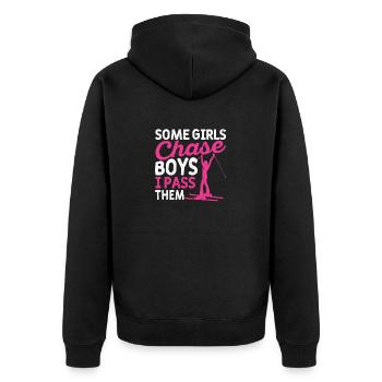 Einige Mädchen jagen Jungen, die ich beim Ski - Unisex Premium Bio Zip Hoodie - Schwarz - Hinten - Nico (187cm)