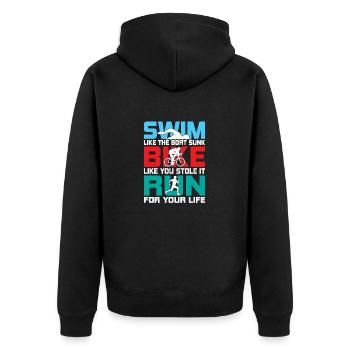 Swim like the boat sunk Bike like you stole it Tri - Unisex Premium Bio Zip Hoodie - Schwarz - Hinten - Nico (187cm)