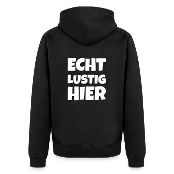 Echt Lustig Hier - Unisex Premium Bio Zip Hoodie - Schwarz - Hinten - Nico (187cm)