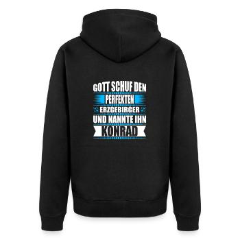 Erzgebirge Mann Namen Sachsen Konrad - Unisex Premium Bio Zip Hoodie - Schwarz - Hinten - Nico (187cm)