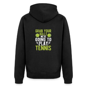 Schnappt euch eure Bälle, wir gehen zum Tennis - Unisex Premium Bio Zip Hoodie - Schwarz - Hinten - Nico (187cm)