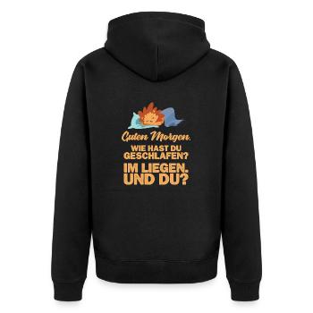 Wie hast du geschlafen? Im Liegen und du? - Unisex Premium Bio Zip Hoodie - Schwarz - Hinten - Nico (187cm)