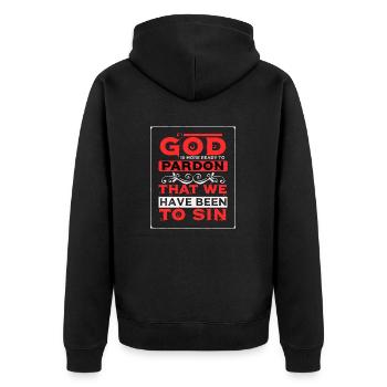God Pardon That We To Sin T-Shirt - Unisex Premium Organic Zip Hoodie - black - Back - Nico (187cm)