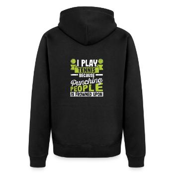 Ich spiele Tennis, weil es verpönt ist, Leute zu - Unisex Premium Bio Zip Hoodie - Schwarz - Hinten - Nico (187cm)