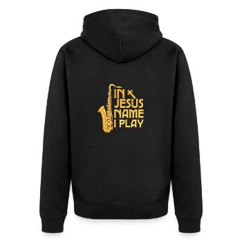 In Jesus Name I Play Saxophonist Marching Band Sax - Unisex Premium Organic Zip Hoodie - black - Back - Nico (187cm)