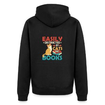 Easily Distracted By Cats And Books Reading Book L - Unisex Premium Bio Zip Hoodie - Schwarz - Hinten - Nico (187cm)