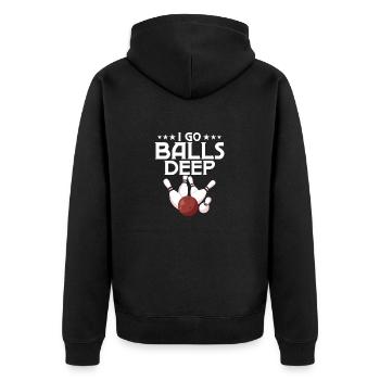 I Go Balls Deep Team Player BowlingBowler - Unisex Premium Bio Zip Hoodie - Schwarz - Hinten - Nico (187cm)