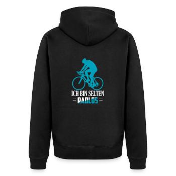 Ich bin selten Radlos Radsport Fahrrad - Unisex Premium Bio Zip Hoodie - Schwarz - Hinten - Nico (187cm)