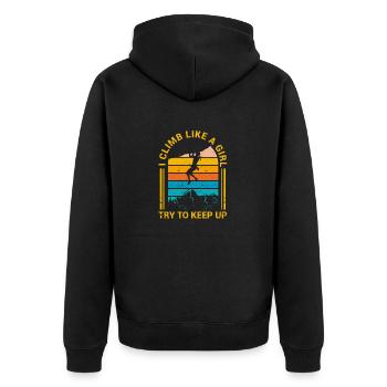 Ich klettere wie ein Mädchen und versuche - Unisex Premium Bio Zip Hoodie - Schwarz - Hinten - Nico (187cm)