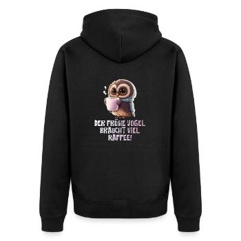 Der frühe Vogel braucht viel Kaffee Süße Eule - Unisex Premium Bio Zip Hoodie - Schwarz - Hinten - Nico (187cm)