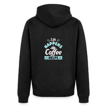 DAS LEBEN PASSIERT KAFFEE HILFT - Unisex Premium Bio Zip Hoodie - Schwarz - Hinten - Nico (187cm)