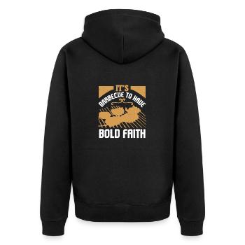 ES IST BARBECUE, MUTIGEN GLAUBEN ZU HABEN - Unisex Premium Bio Zip Hoodie - Schwarz - Hinten - Nico (187cm)