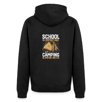 Schule ist wichtig, aber Camping ist noch wichtige - Unisex Premium Bio Zip Hoodie - Schwarz - Hinten - Nico (187cm)
