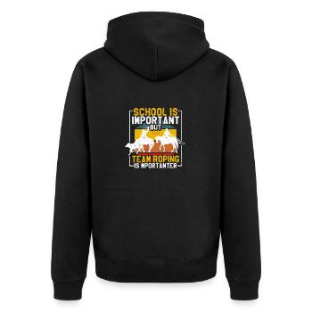 Schule ist wichtig, aber Team Roping ist wichtiger - Unisex Premium Bio Zip Hoodie - Schwarz - Hinten - Nico (187cm)