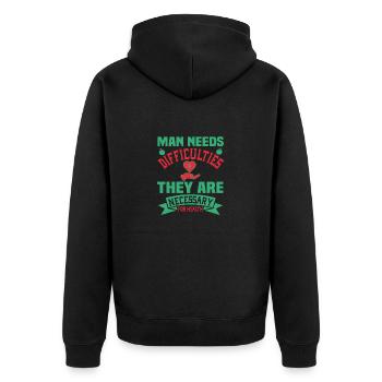 DER MENSCH BRAUCHT SCHWIERIGKEITEN SIE SIND NOTWENDIG GESUNDHEIT - Unisex Premium Bio Zip Hoodie - Schwarz - Hinten - Nico (187cm)