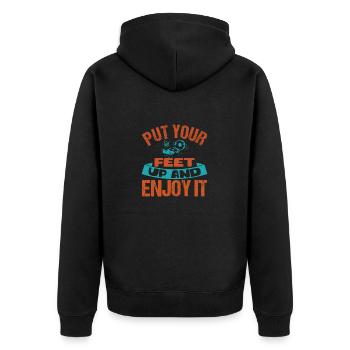 LEGEN SIE DIE FÜSSE HOCH UND GENIESSEN SIE ES - Unisex Premium Bio Zip Hoodie - Schwarz - Hinten - Nico (187cm)