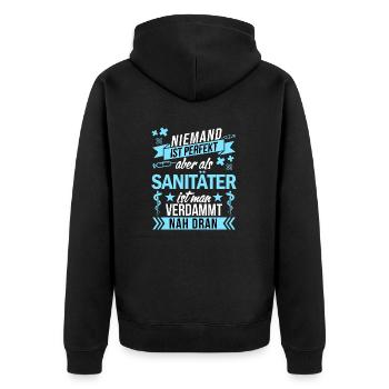 Niemand ist perfekt als Sanitäter nah dran funny - Unisex Premium Bio Zip Hoodie - Schwarz - Hinten - Nico (187cm)