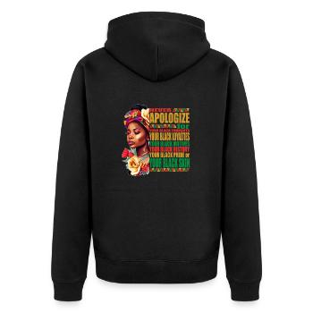 Schwarze Geschichte: Entschuldige dich niemals für deine Farbe - Unisex Premium Bio Zip Hoodie - Schwarz - Hinten - Nico (187cm)