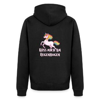 Lustiges Einhorn mit Spruch; Küss mich am ... - Unisex Premium Bio Zip Hoodie - Schwarz - Hinten - Nico (187cm)