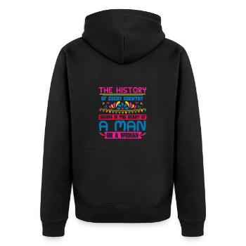 DIE GESCHICHTE EINES MANNES ODER EINER FRAU - Unisex Premium Bio Zip Hoodie - Schwarz - Hinten - Nico (187cm)