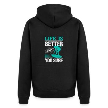 DAS LEBEN IST BESSER, WENN SIE SURFEN - Unisex Premium Bio Zip Hoodie - Schwarz - Hinten - Nico (187cm)