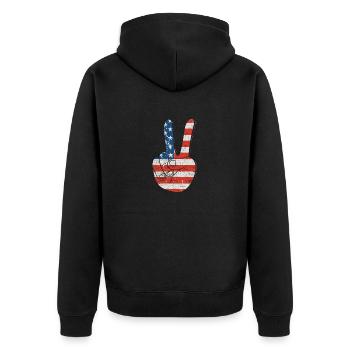 Patriotisches Friedenszeichen & USA Stars & Stripe - Unisex Premium Bio Zip Hoodie - Schwarz - Hinten - Nico (187cm)