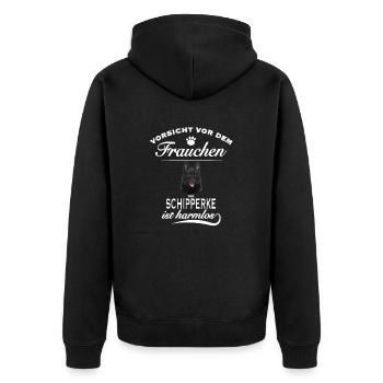 Vorsicht vor dem Frauchen - Schipperke ist harmlos - Unisex Premium Bio Zip Hoodie - Schwarz - Hinten - Nico (187cm)