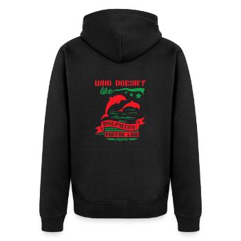 WHO DOES NOT LIK DOLPHINS - Unisex Premium Organic Zip Hoodie - black - Back - Nico (187cm)