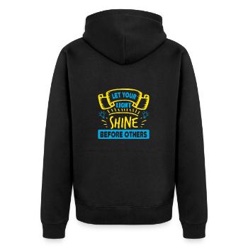 LASS DEIN LICHT VOR ANDEREN LEUCHTEN - Unisex Premium Bio Zip Hoodie - Schwarz - Hinten - Nico (187cm)