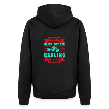 DIE BARMHERZIGKEIT VERZEIHEN MACHT DEN WEG FREI FÜR DIE HEILENDE BARMHERZIGKEIT - Unisex Premium Bio Zip Hoodie - Schwarz - Hinten - Nico (187cm)