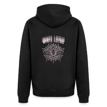 WHITE LOTUS DESIGN I LOTUSBLUME - Unisex Premium Bio Zip Hoodie - Schwarz - Hinten - Nico (187cm)