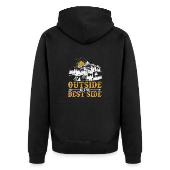 Draußen ist das beste Seitenzelt Camping Geocache - Unisex Premium Bio Zip Hoodie - Schwarz - Hinten - Nico (187cm)